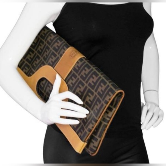Fendi Handbags - VINTAGE FENDI ZUCCA FOLD OVER BAG , CLUTCH LOGO LEATHER CANVAS